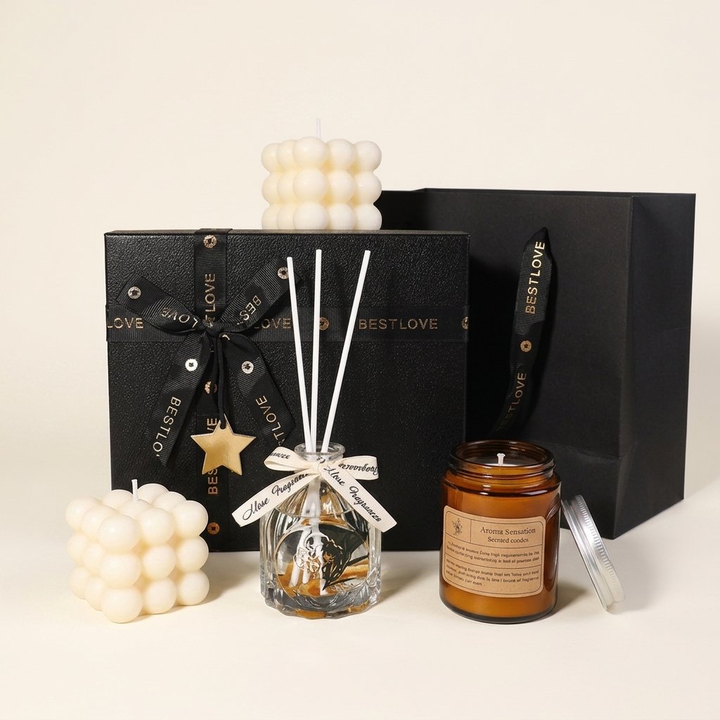 Aromatherapy Soy Wax Scented Candle Gift Set, Black Presentation Box, for Home Fragrance on a warm cream background