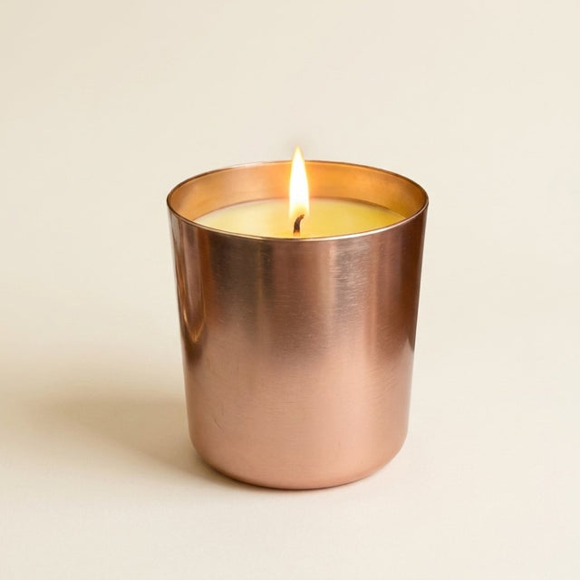 Soy Wax Scented Candle, Lemon and Ylang-Ylang with Woody Musk, 290 g, for Bath and Relaxation on a warm cream background