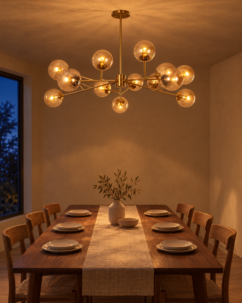15- or 18-Light Brass-Finish Glass Chandelier, 50 in Wide lit over a dining table at dusk