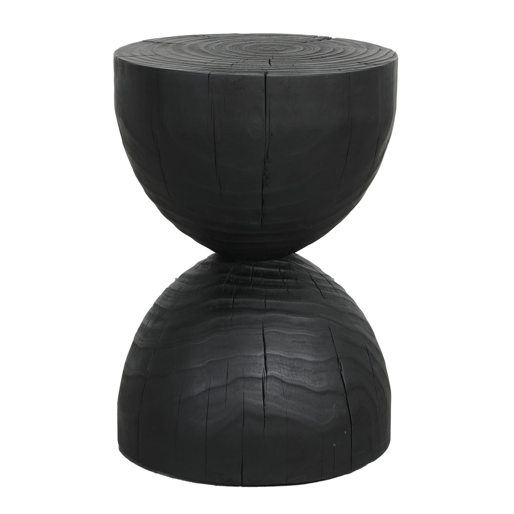 Burnt black mango wood hourglass side table on a plain white background