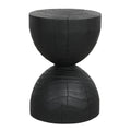 Burnt black mango wood hourglass side table on a plain white background
