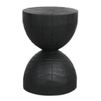 Burnt black mango wood hourglass side table on a plain white background