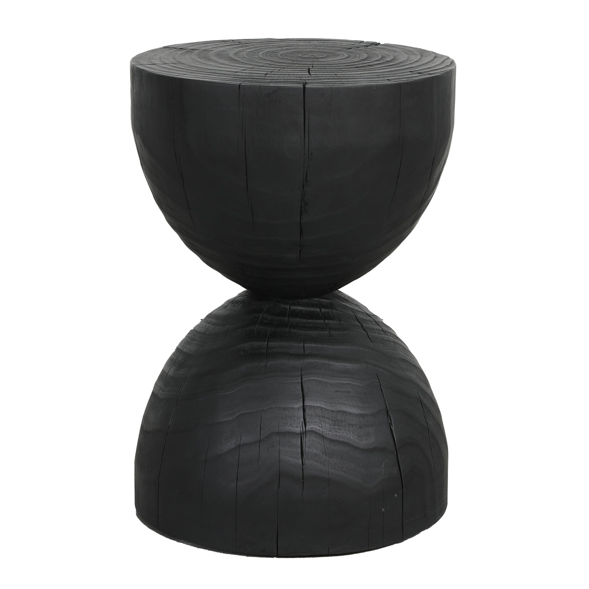 Burnt black mango wood hourglass side table on a plain white background
