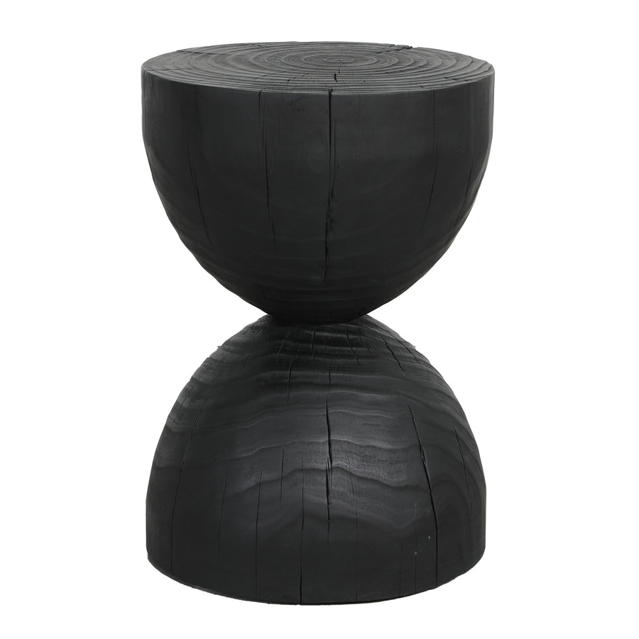 Burnt black mango wood hourglass side table on a plain white background