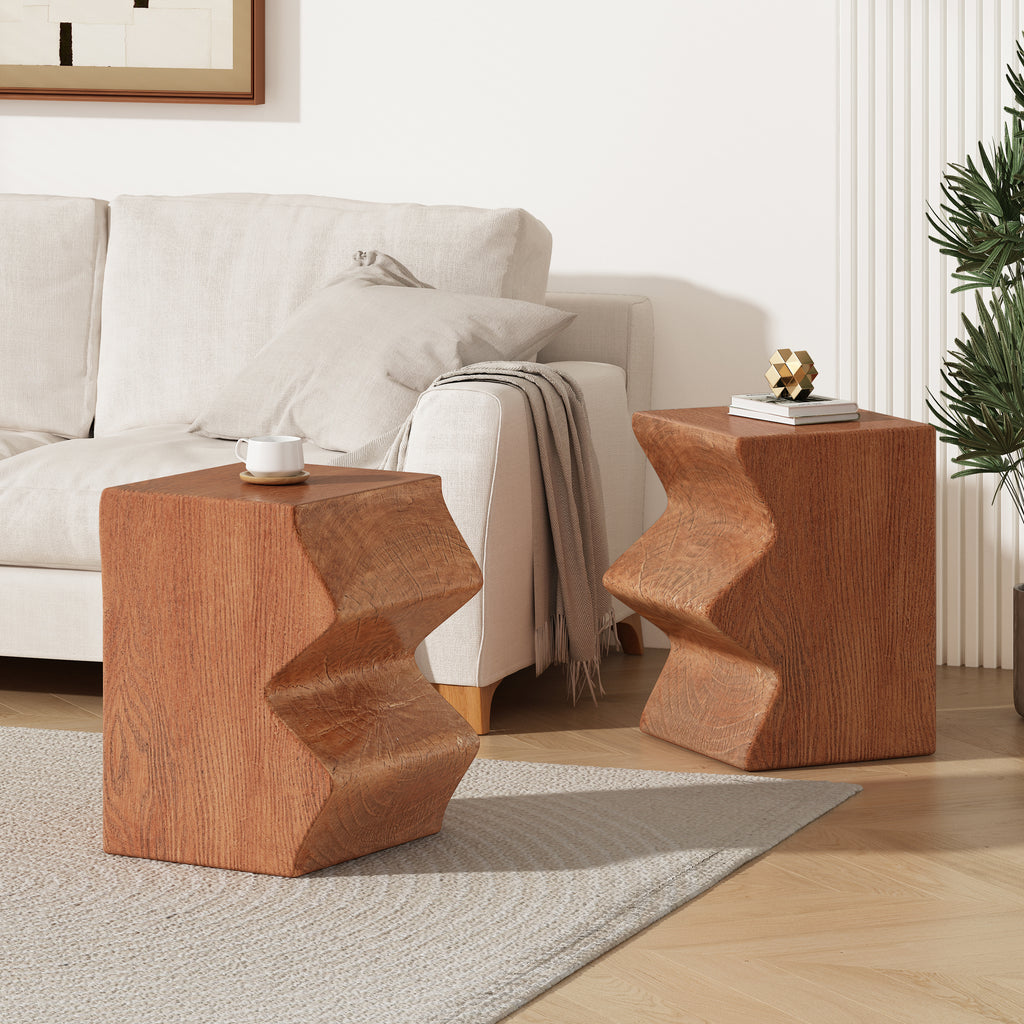 Pair of zigzag faux wood side tables set apart beside a white sofa