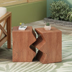 Interlocking faux wood side tables on a patio rug with a plant and drinks