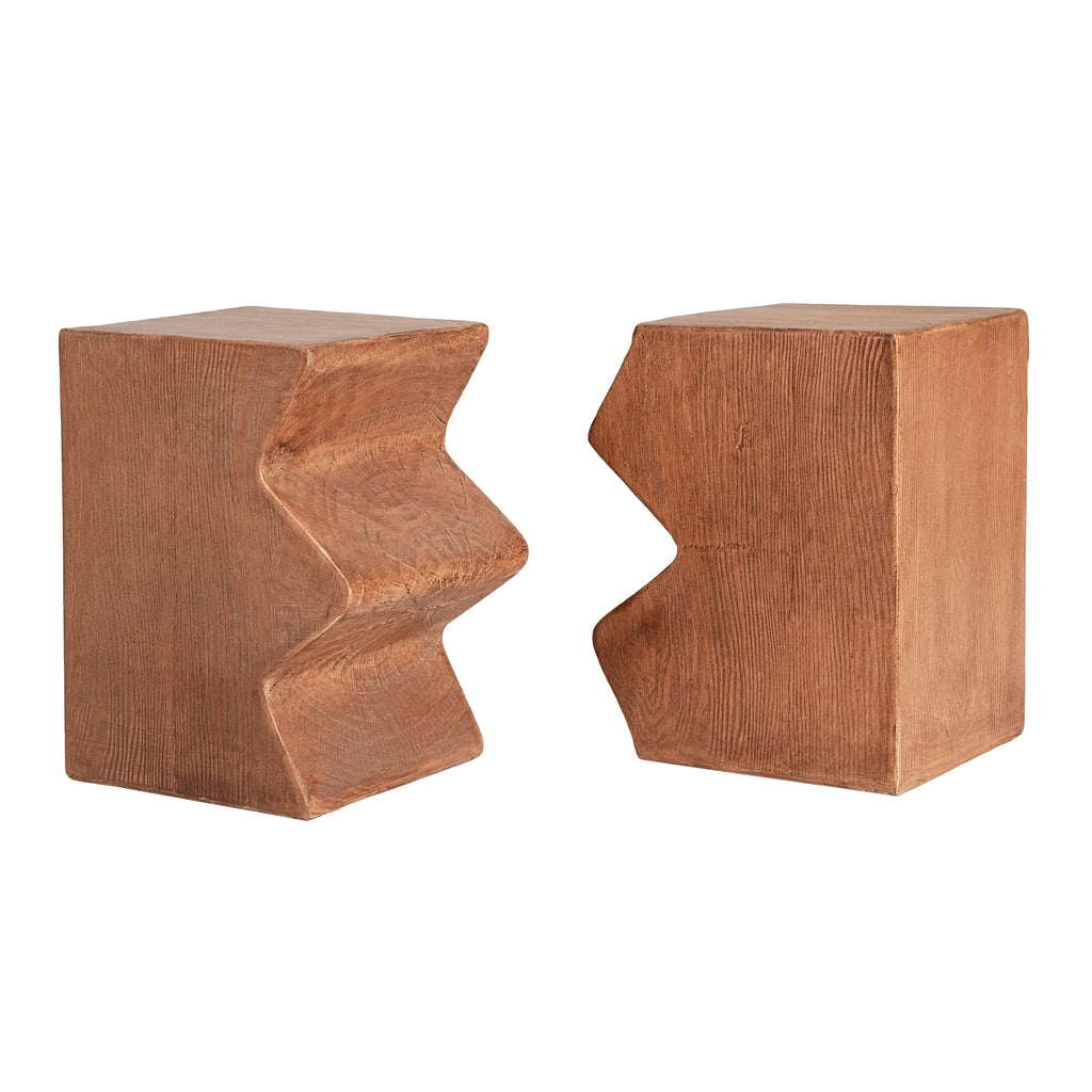 Zigzag side tables pulled apart to show the interlocking edges, on white