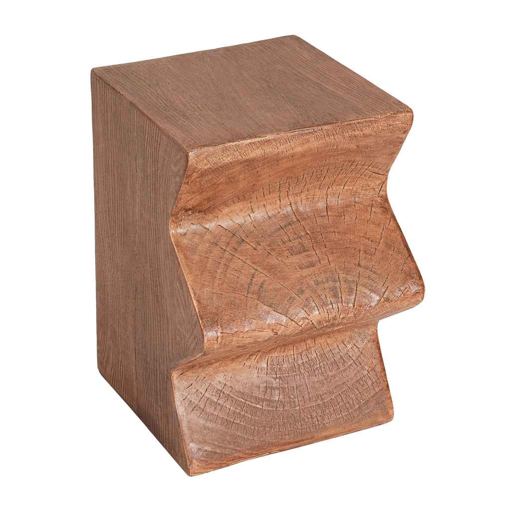 Zigzag side table — detail of the carved end-grain texture on the stepped face