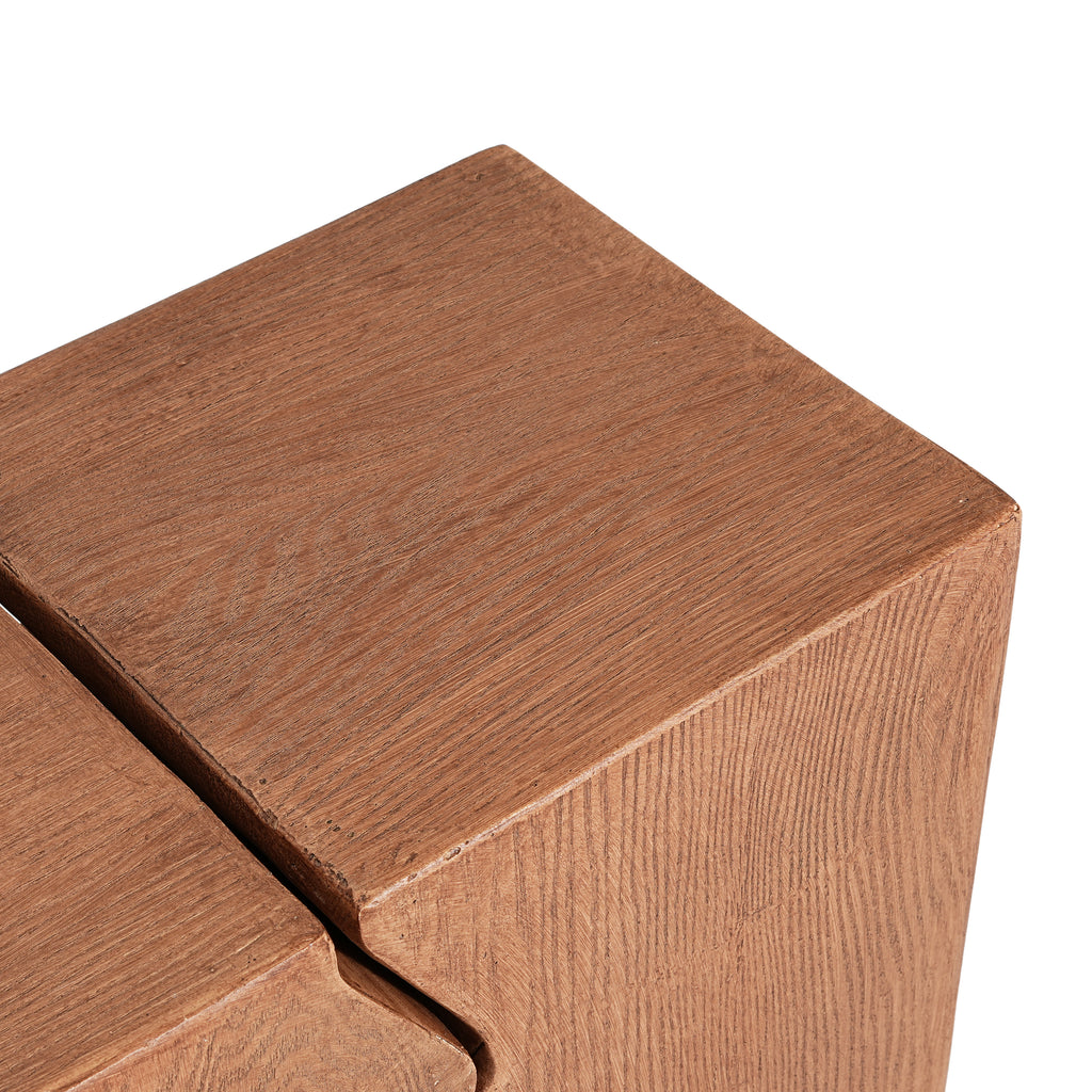 Faux wood side table — detail of the wood-grain top and corner