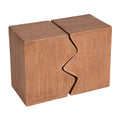 Interlocking zigzag side tables in faux wood finish pushed together on a plain white background