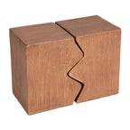 Interlocking zigzag side tables in faux wood finish pushed together on a plain white background