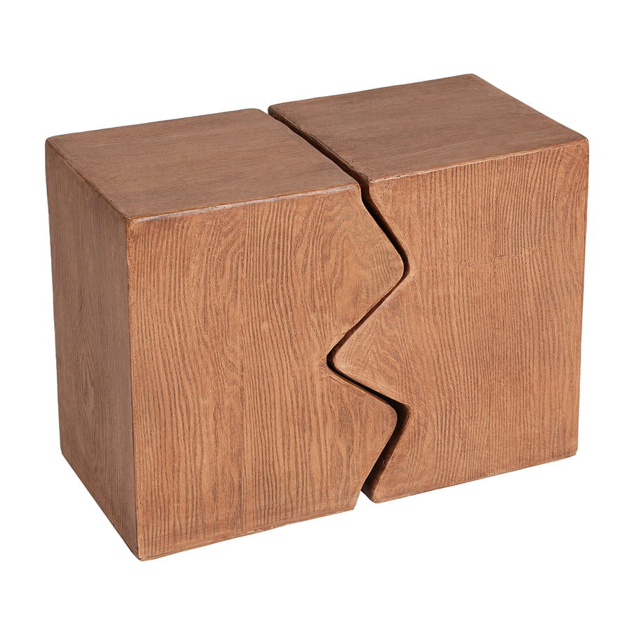 Interlocking zigzag side tables in faux wood finish pushed together on a plain white background