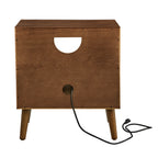 Walnut nightstand back panel with half-moon cutout and cord hole on a plain white background
