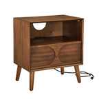 Walnut-finish arched-panel nightstand with open shelf, drawer and power cord on a plain white background