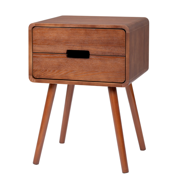 Mid-century brown nightstand with splayed solid wood legs, three-quarter view on white