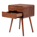 Mid-century nightstand with the drawer pulled open on metal slides, on white