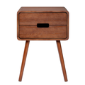 Mid-century nightstand in warm brown with one drawer, front view on a plain white background