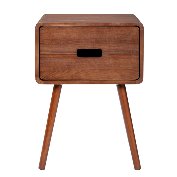 Mid-century nightstand in warm brown with one drawer, front view on a plain white background