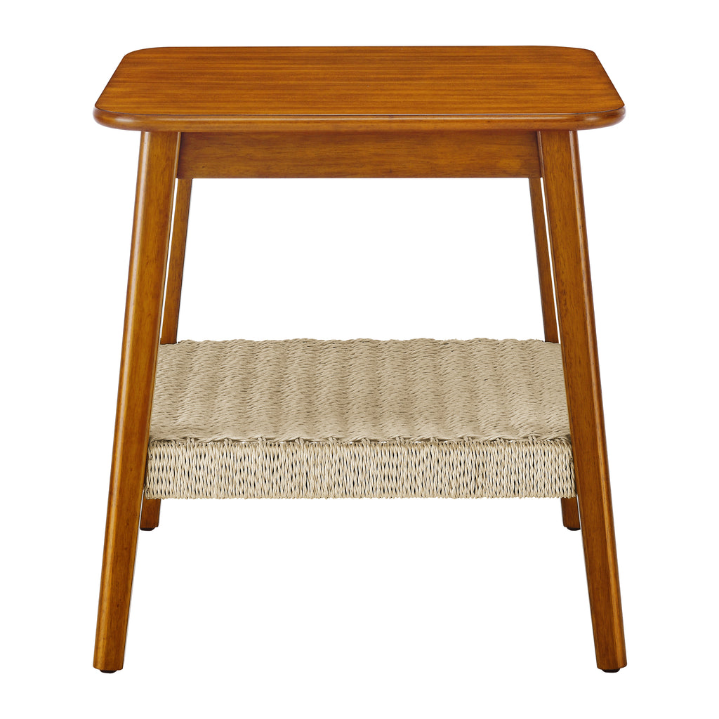 Mid-century side table with woven shelf, front view on a white background