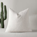 Bouclé-texture chenille pillow cover in white on a cream sofa beside a tall cactus