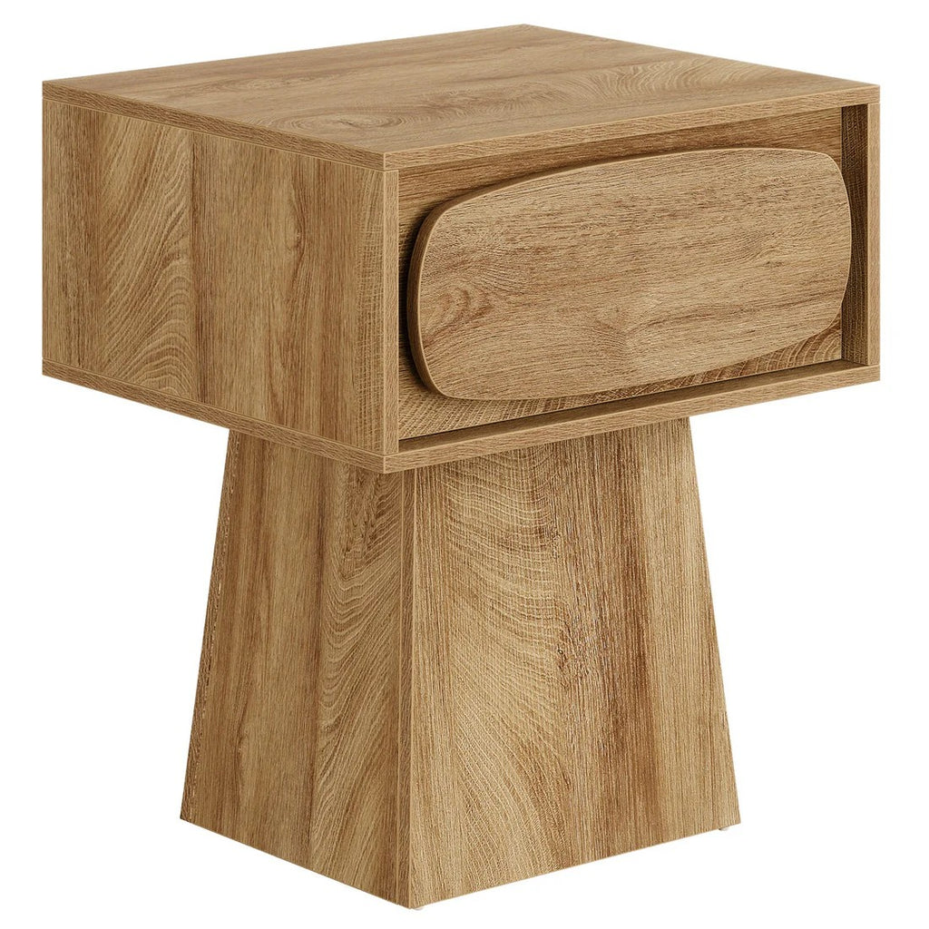 Pedestal side table with a rounded drawer front in an oak-look finish on a plain white background