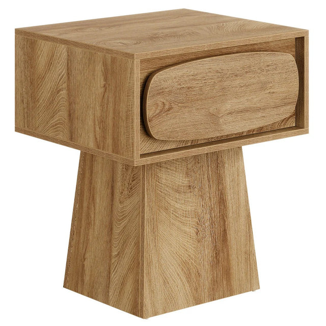 Pedestal side table with a rounded drawer front in an oak-look finish on a plain white background