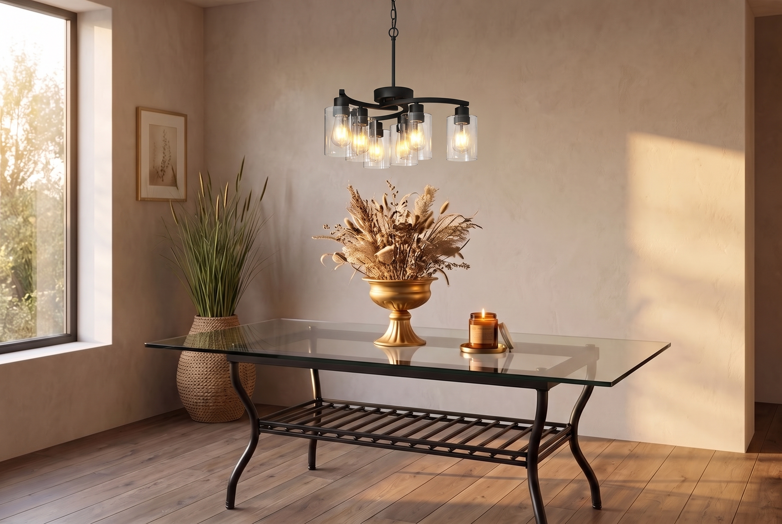 The Dining Refresh scene with farmhouse chandelier