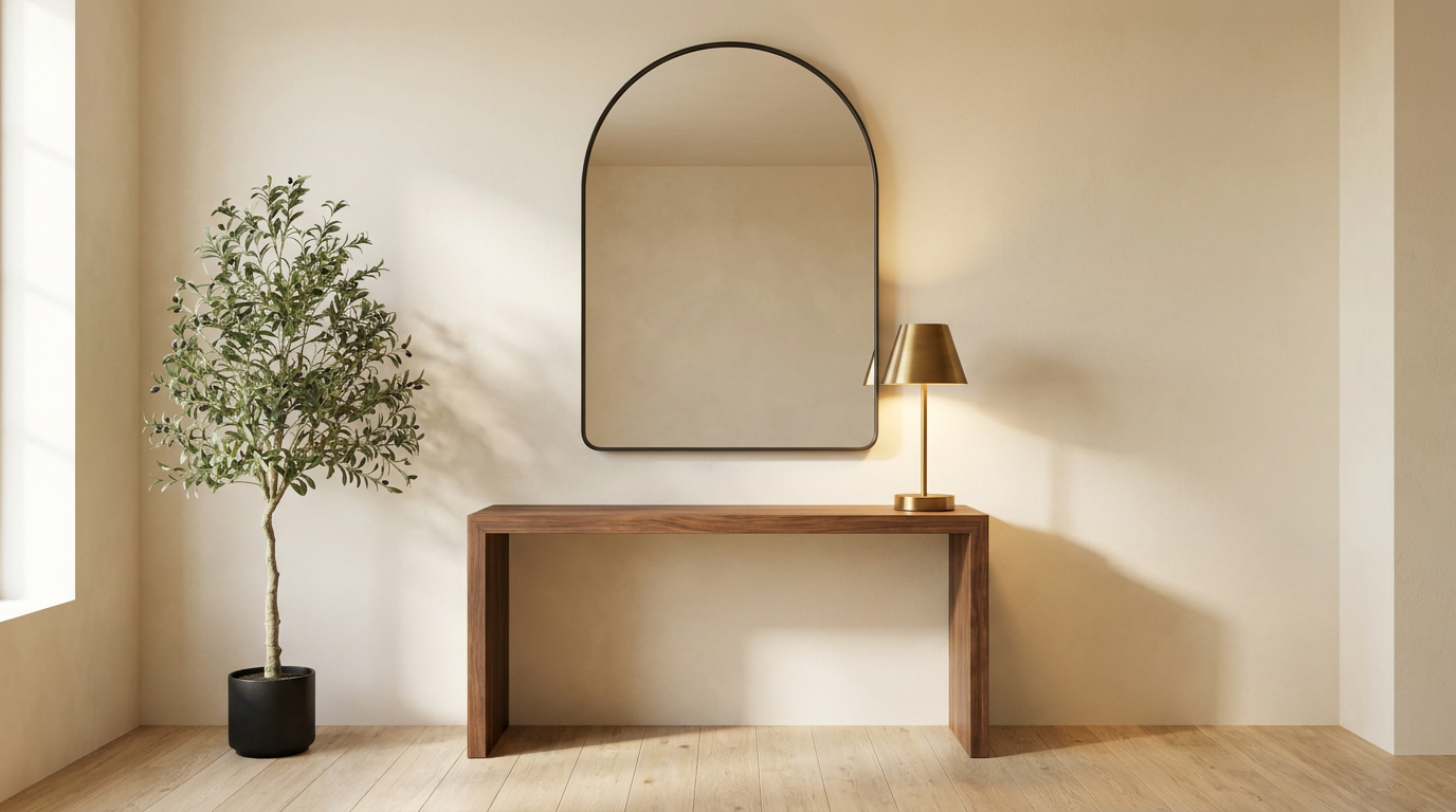 Shop the entryway: arched mirror, brass cordless lamp, olive tree