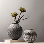 Round brushstroke ceramic vases: slanted dash style with faux stems beside the horizontal dab style