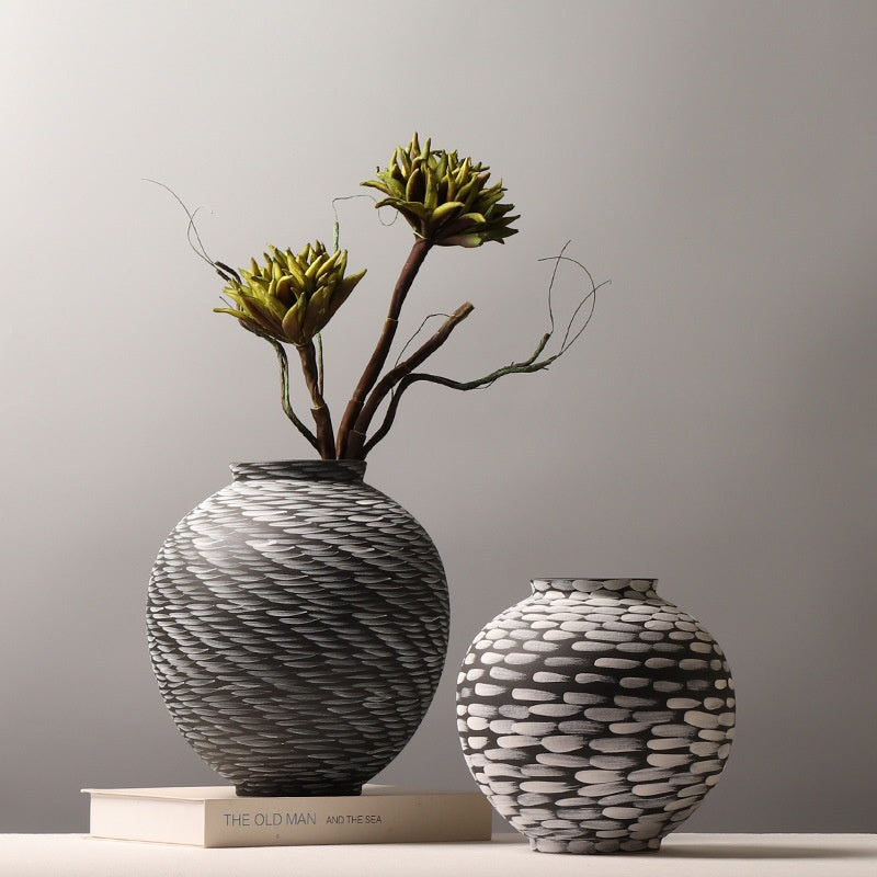 Round brushstroke ceramic vases: slanted dash style with faux stems beside the horizontal dab style