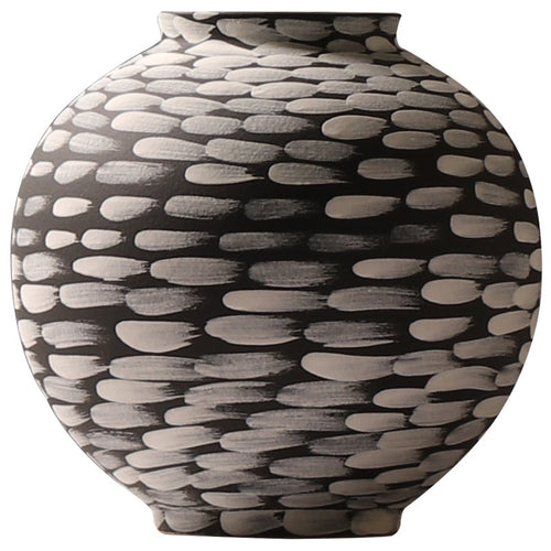 Round brushstroke ceramic vase, horizontal dab style, charcoal with cream strokes on a plain white background