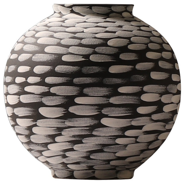 Round brushstroke ceramic vase, horizontal dab style, charcoal with cream strokes on a plain white background