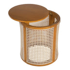 Round cane drum side table with the wood top lifted off its hollow center
