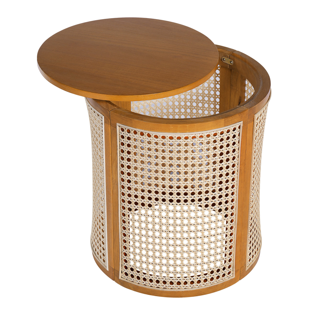 Round cane drum side table with the wood top lifted off its hollow center