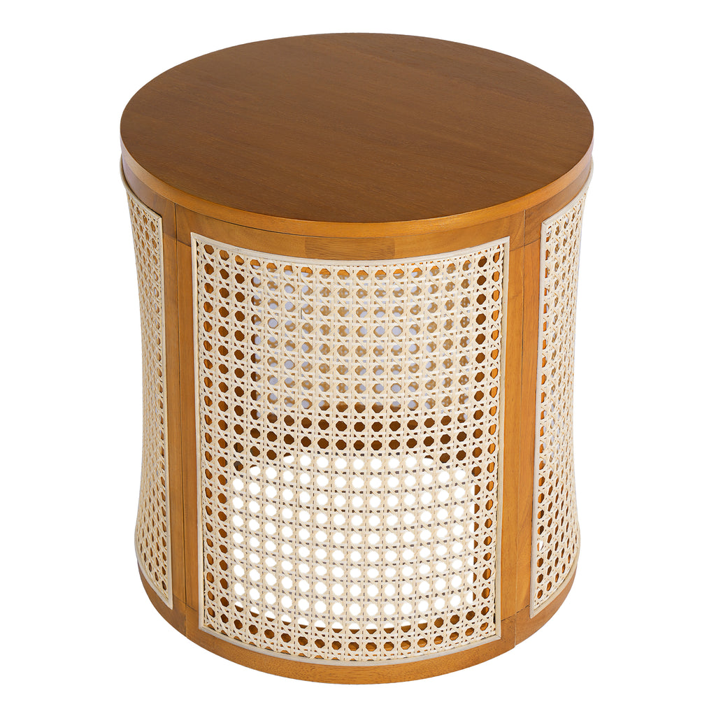 Round cane drum side table with an ochre wood top on a plain white background