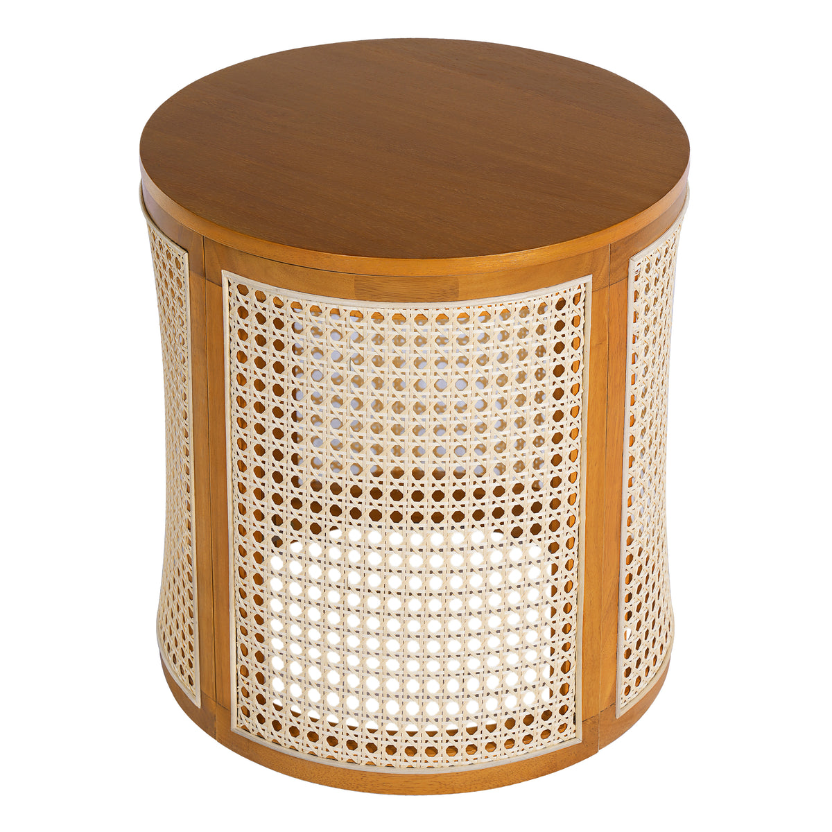 Round cane drum side table with an ochre wood top on a plain white background