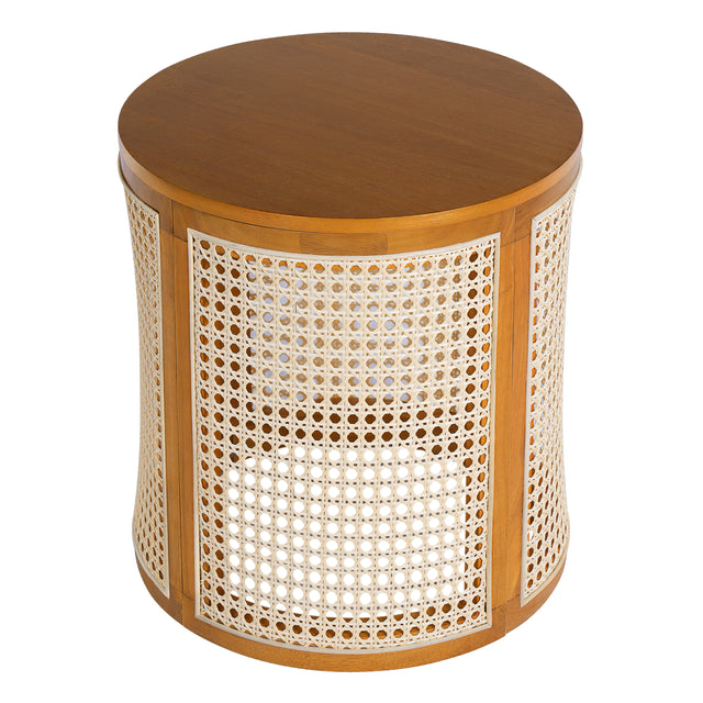 Round cane drum side table with an ochre wood top on a plain white background