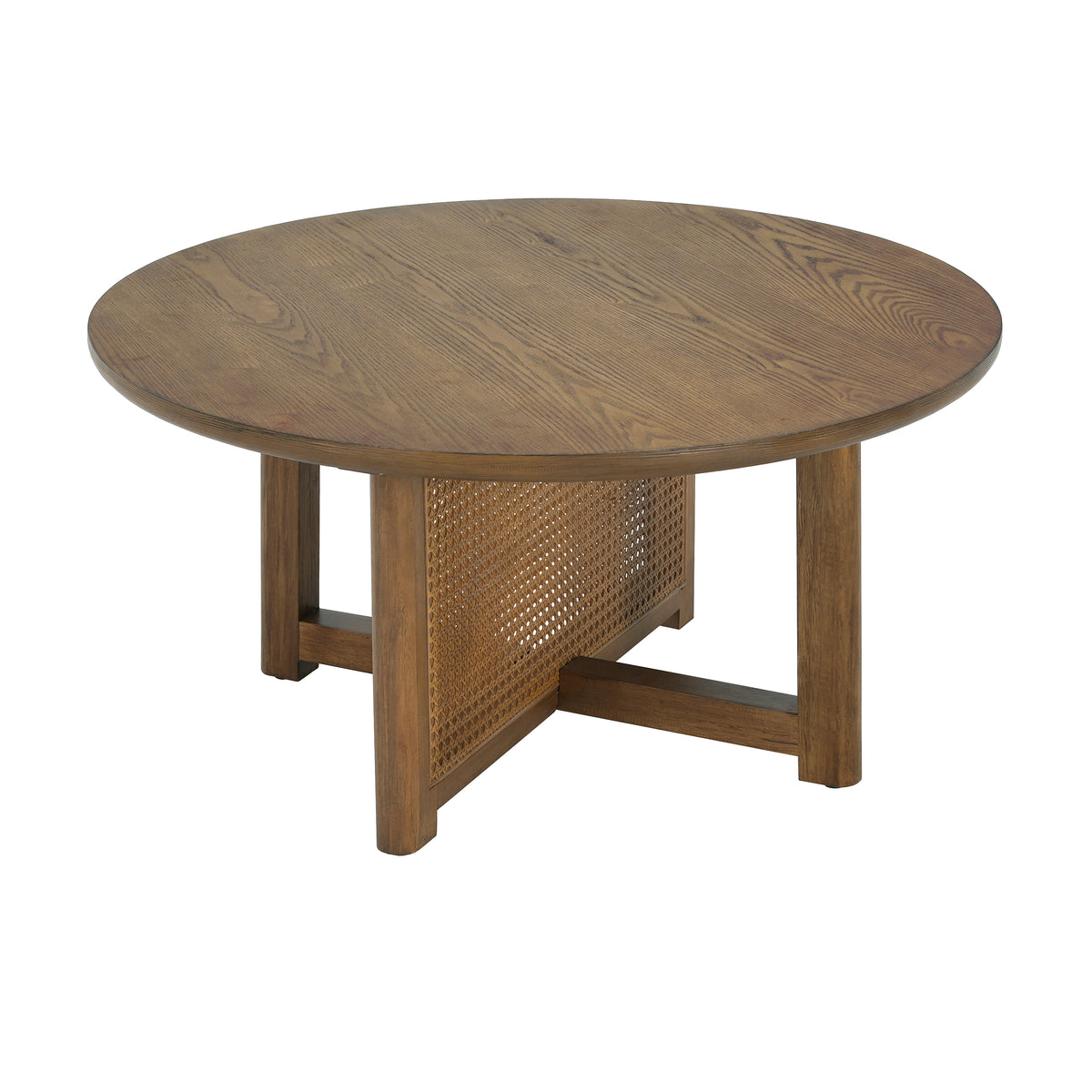 Round cane coffee table, side view showing the framed cane panels of the cross base, on white