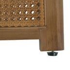 Round cane coffee table — detail of the hexagon cane weave and threaded foot glide