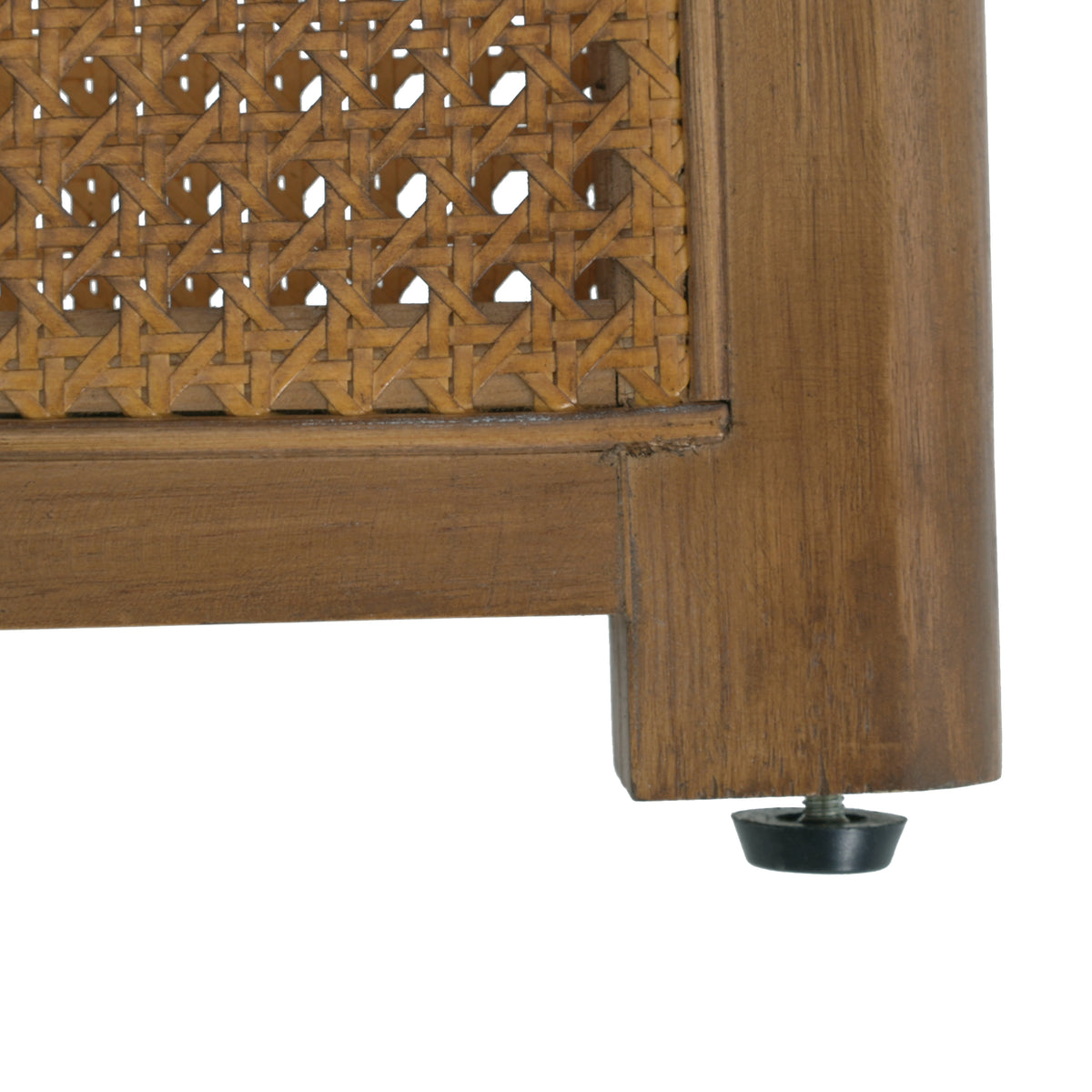 Round cane coffee table — detail of the hexagon cane weave and threaded foot glide
