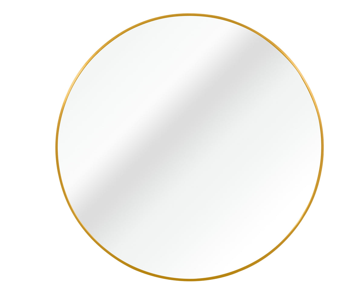 Large round wall mirror with brushed gold frame, 36 in, front view on a plain background