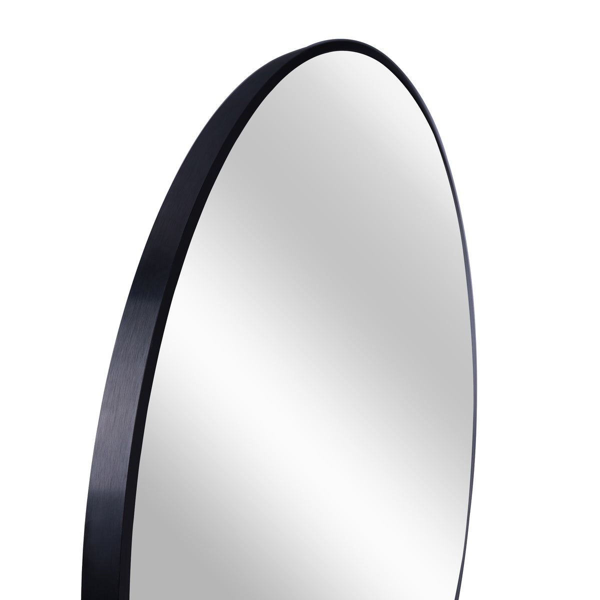 Round black wall mirror — detail of the slim brushed black frame edge