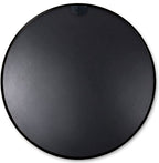 Round metal wall mirror — back view with backing board and mounting bracket