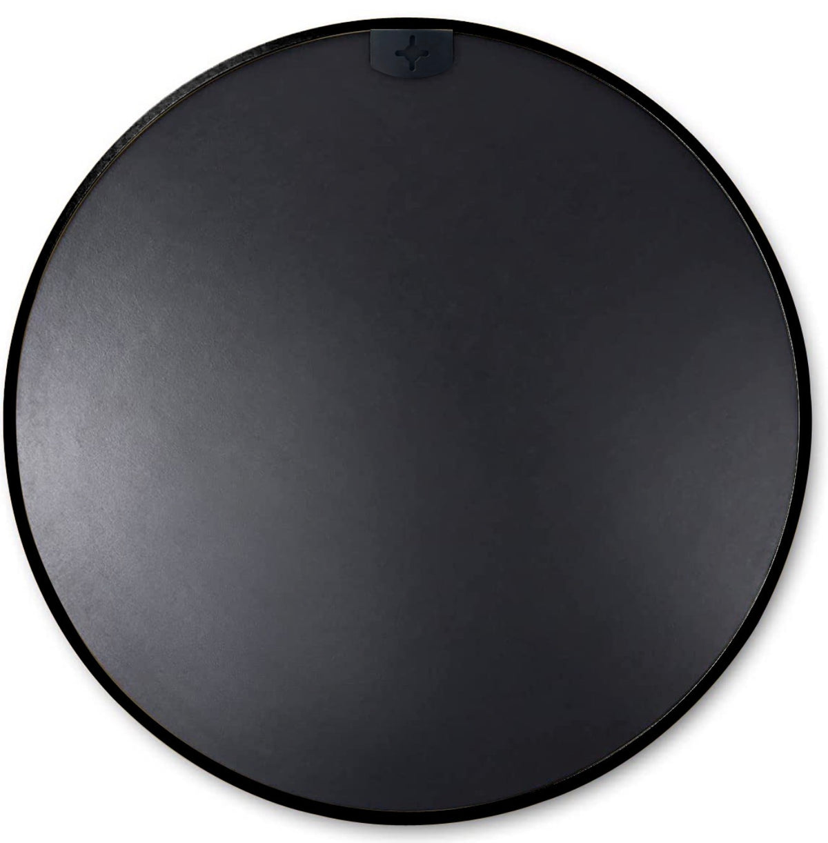 Round metal wall mirror — back view with backing board and mounting bracket