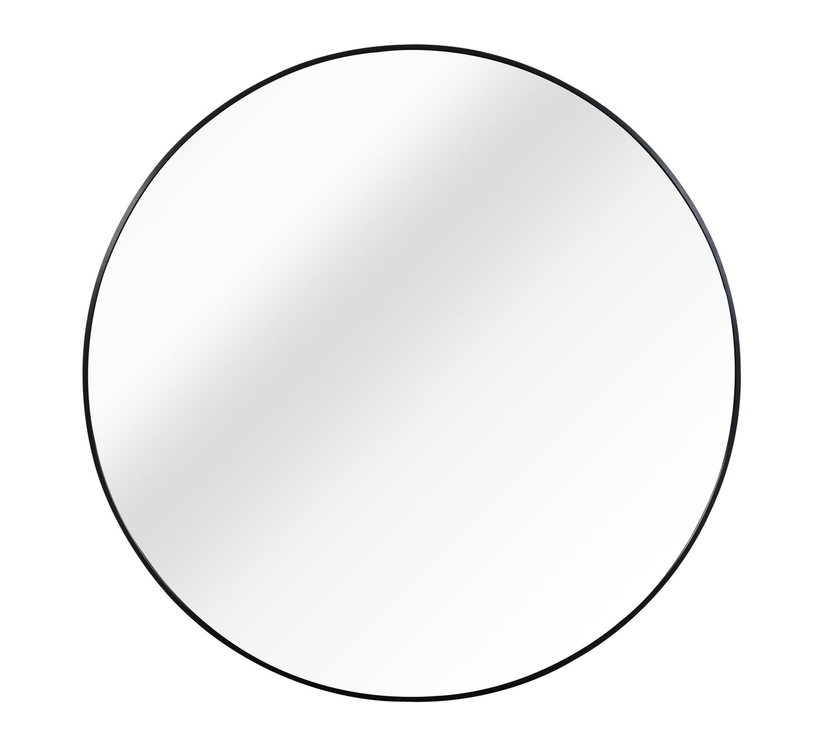 Large round wall mirror with slim black metal frame, 36 in, on a plain white background