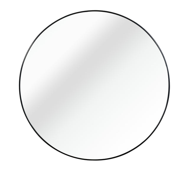 Large round wall mirror with slim black metal frame, 36 in, on a plain white background