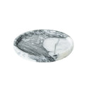 Round white marble tray with bold gray veining and a raised rim on a plain white background