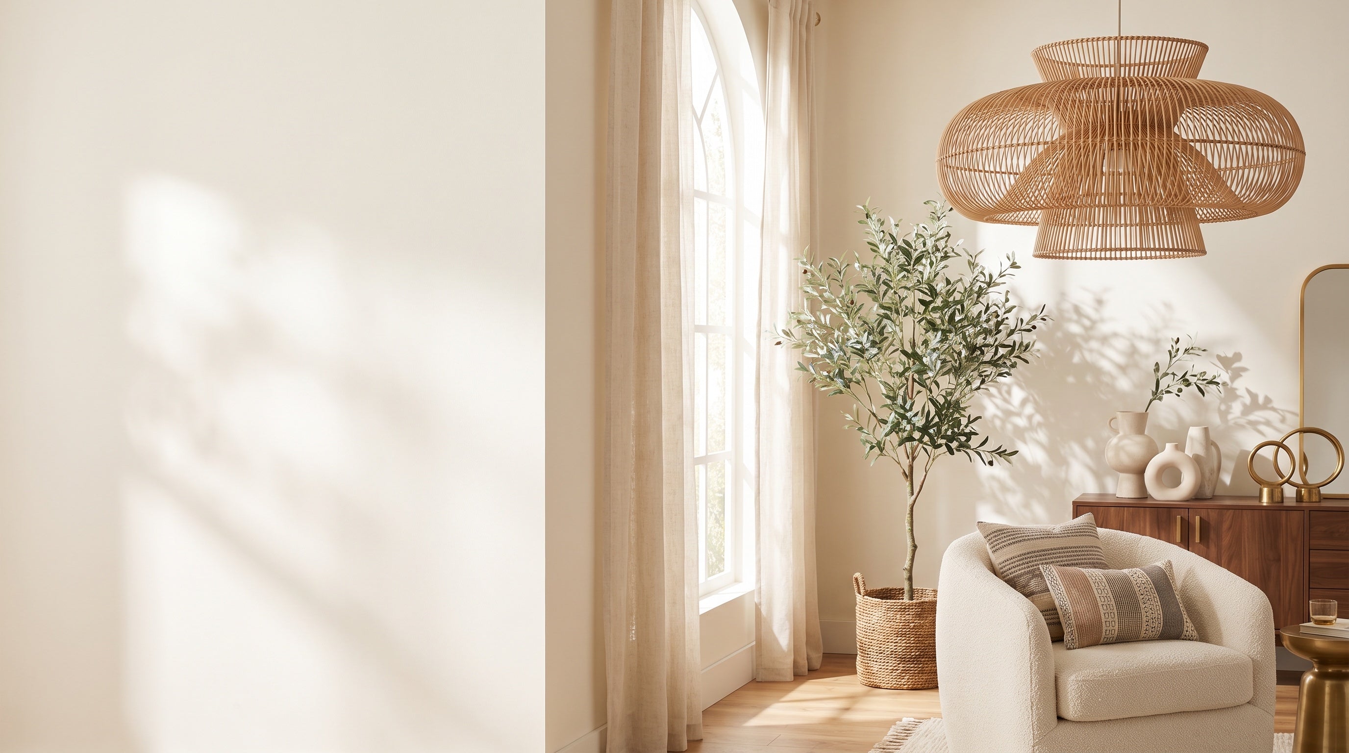 Bright airy living room with rattan pendant, olive tree and morning sunbeams