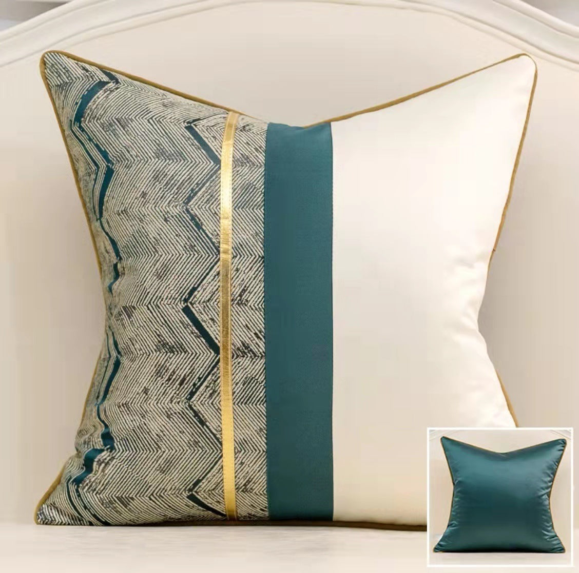 Teal satin patchwork pillow cover with gold stripe and chevron jacquard, back shown in inset