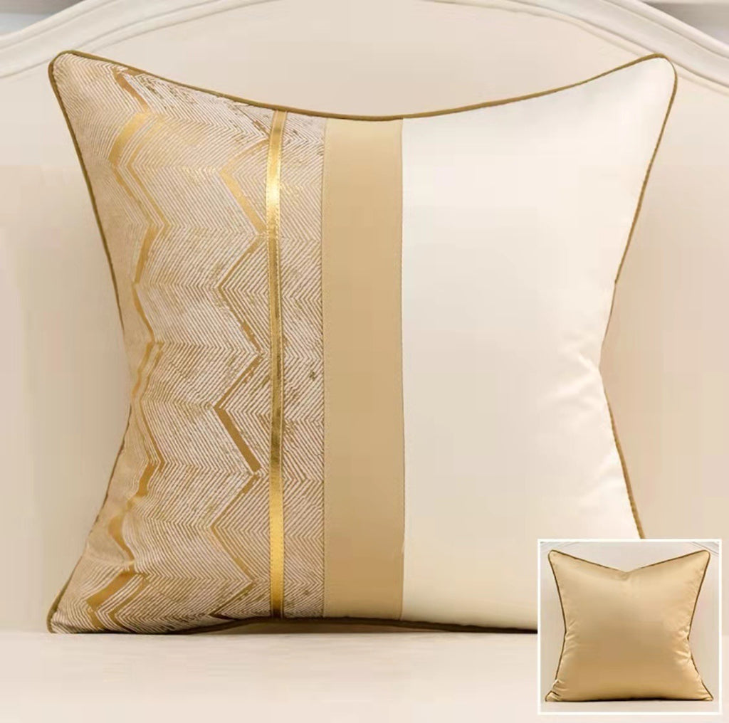Sand satin patchwork pillow cover with gold stripe and gold chevron jacquard, back shown in inset